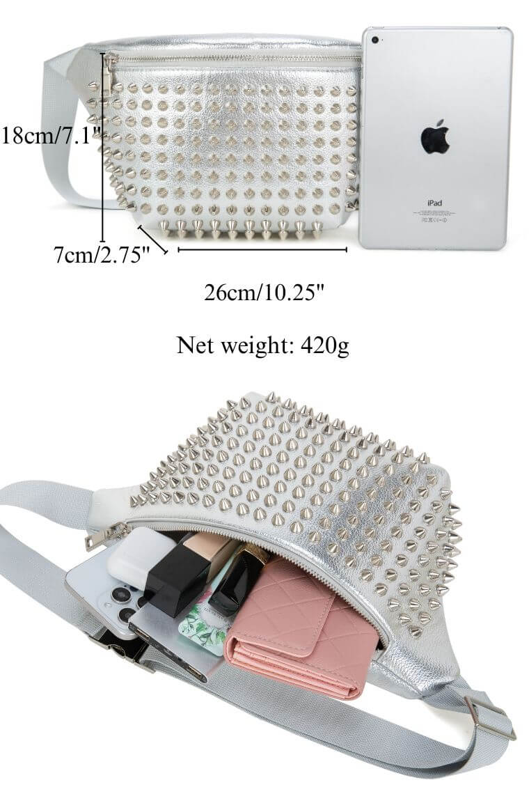 women designer crossbody belt bag fanny pack with punk studs in waterproof vegan leather with size