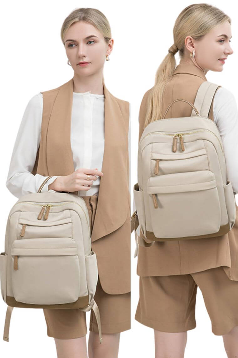 women designer laptop backpack purse in lightweight water resistant fabric with trolley sleeve and many pockets for travel work or school