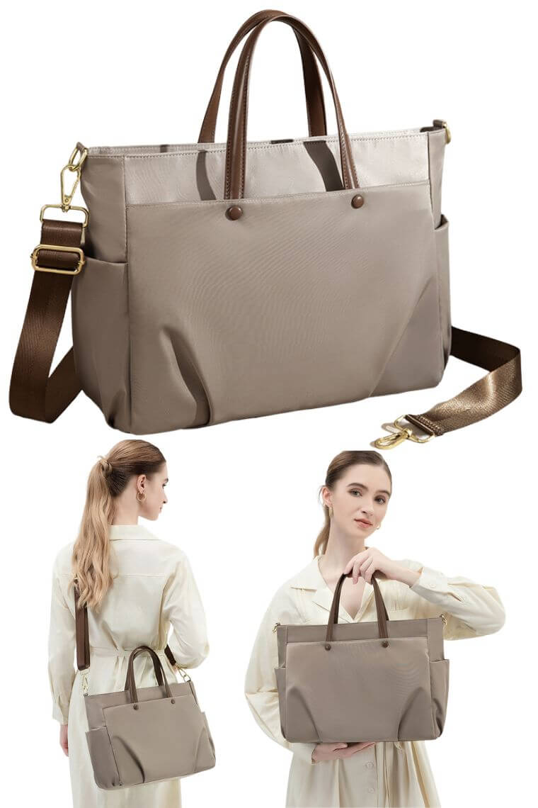 women laptop travel tote bag with crossbody strap in water resistant sand fabric with multi pockets | fashion business satchel handbag with laptop sleeve for 15" Macbook Air