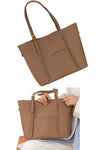 women brown leather stylish tote bag with adjustable straps and small pouch for work or everyday use
