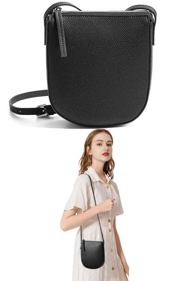 women crossbody phone bag purse in black leather with zipper closure
