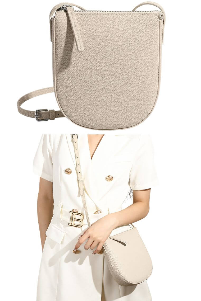 women crossbody phone bag purse in cream leather with zipper closure