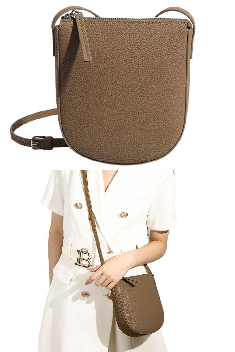 women crossbody phone bag purse in dark brown leather with zipper closure
