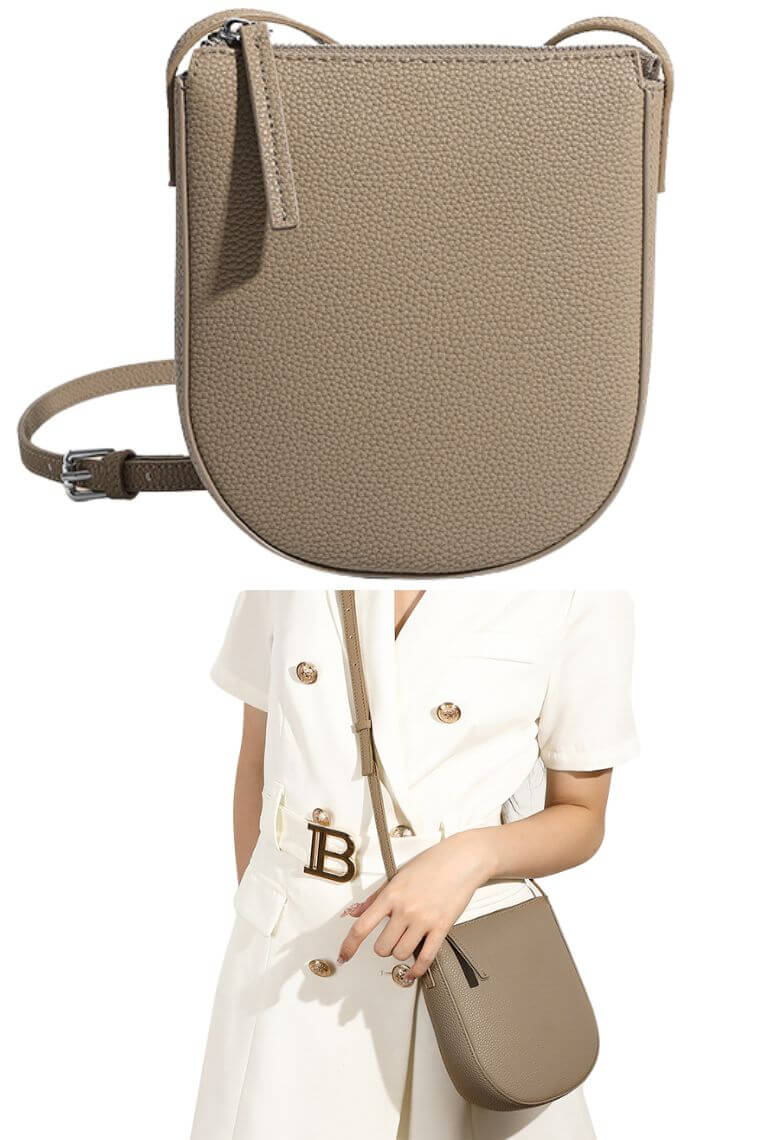 women crossbody phone bag purse in grey leather with zipper closure