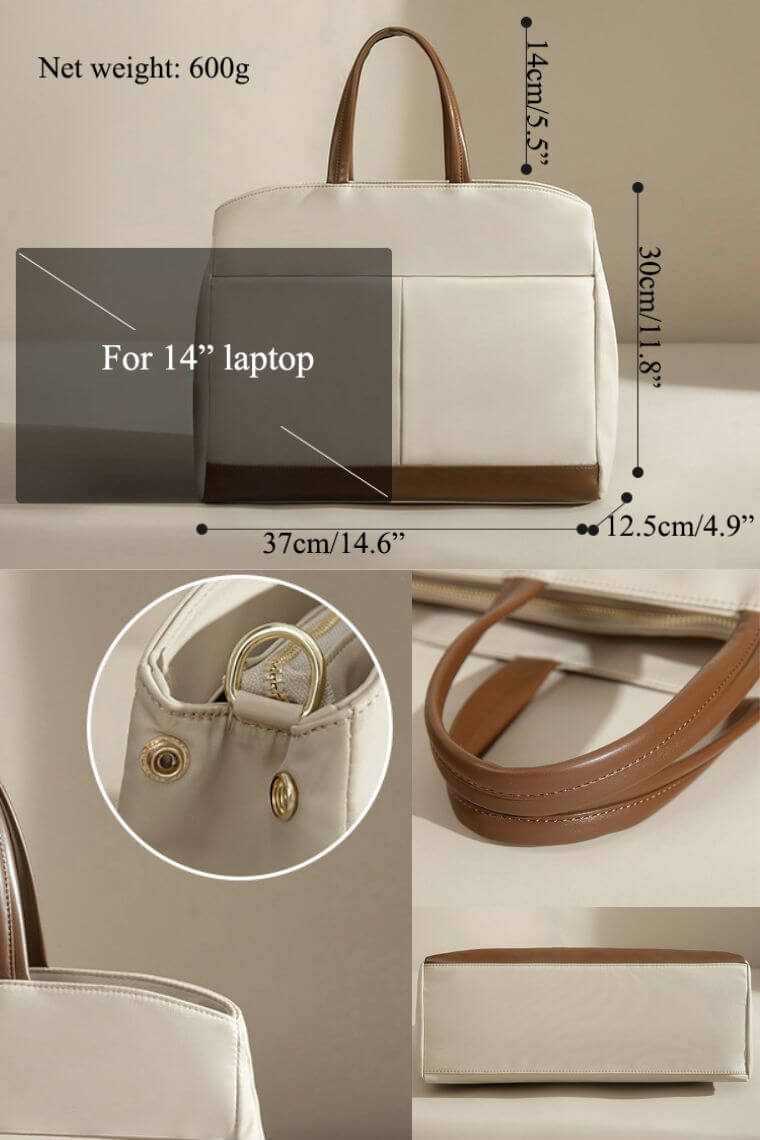 women tote bag for 14 inch laptop with trolley sleeve and crossbody strap in beige water resistant lightweight fabric for travel or work