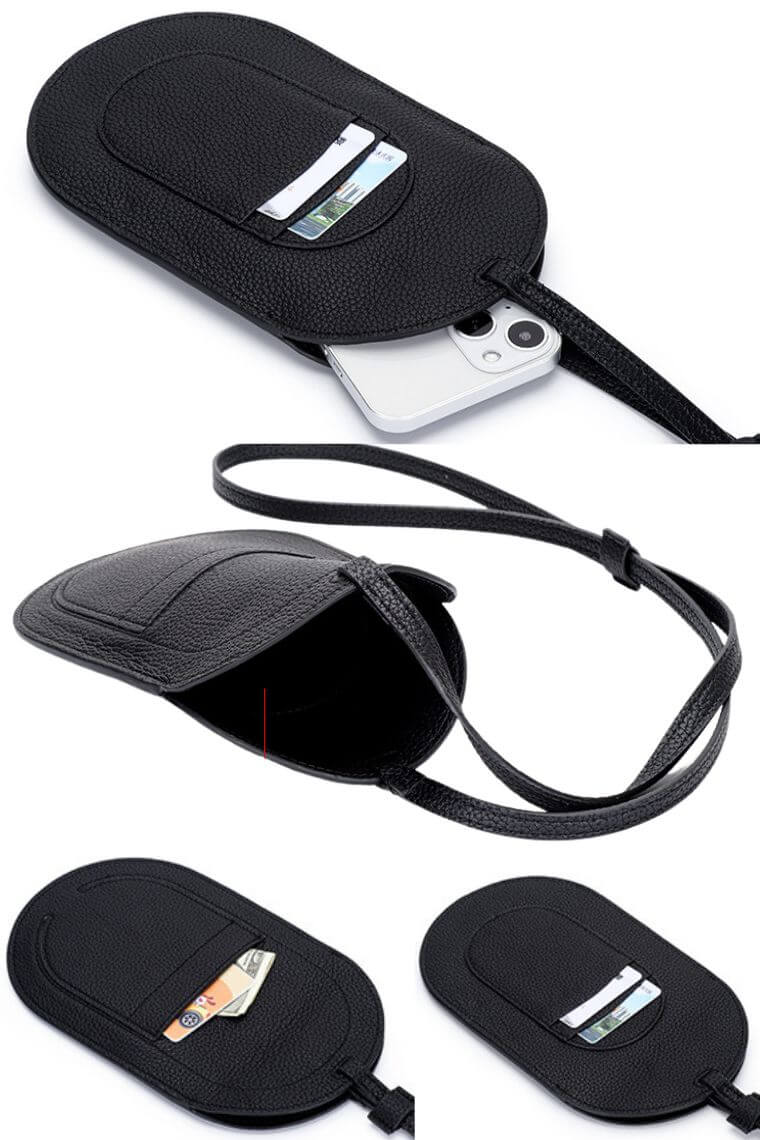 Designer phone lanyard in genuine leather with cardholder