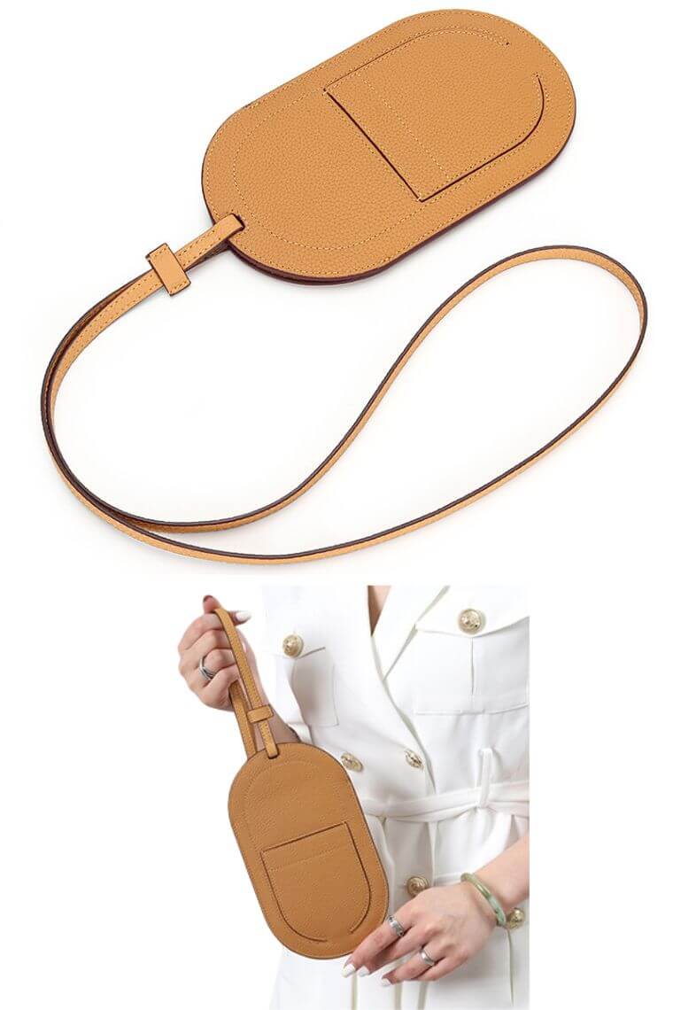 Designer phone lanyard in brown leather with cardholder