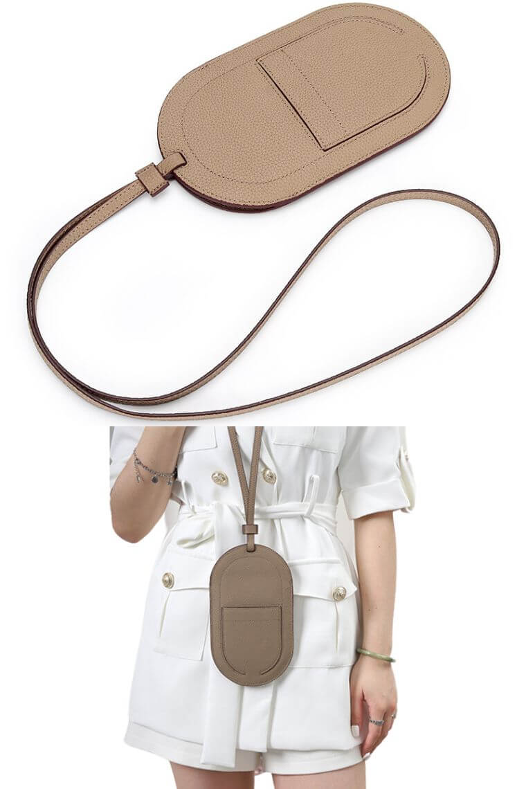 Designer phone lanyard in grey leather with cardholder