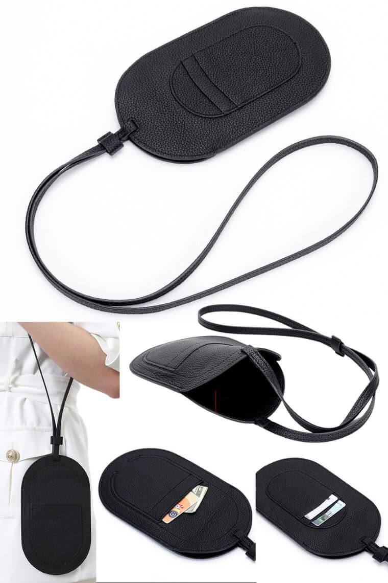 Designer phone lanyard in black leather with cardholder