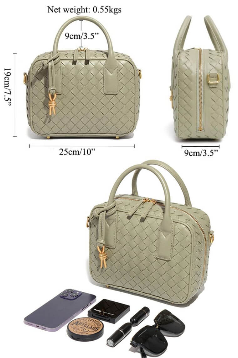 women designer small tote bag in hand woven leather with crossbody strap and zipper closure in square shape