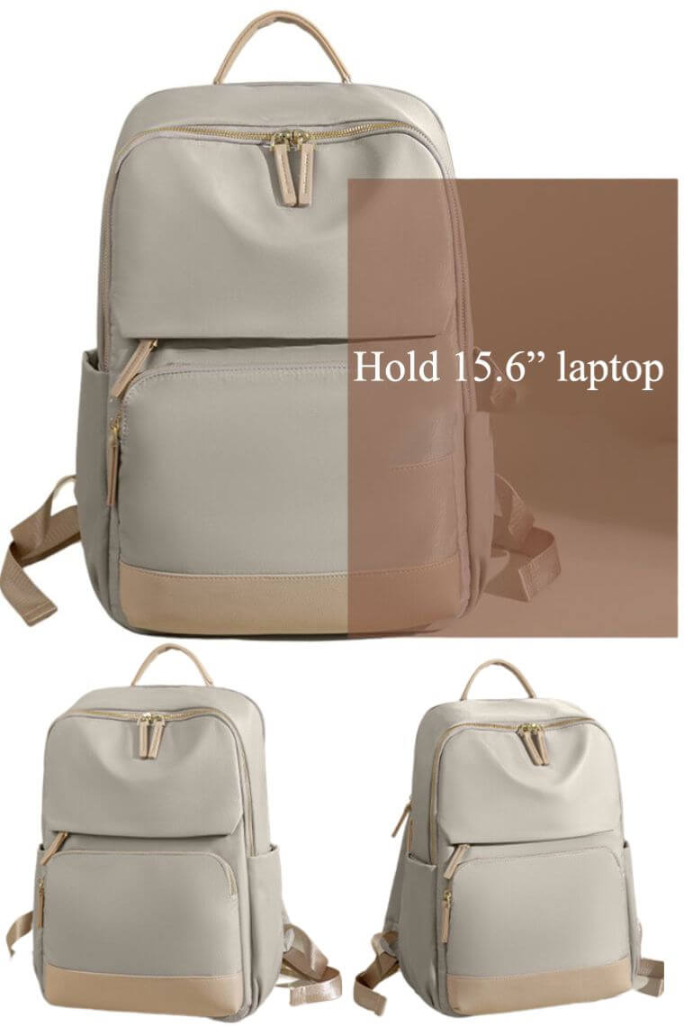 women trendy 15 inch laptop work backapck with trolley sleeve and many pockets in waterproof lightweight light grey oxford fabric