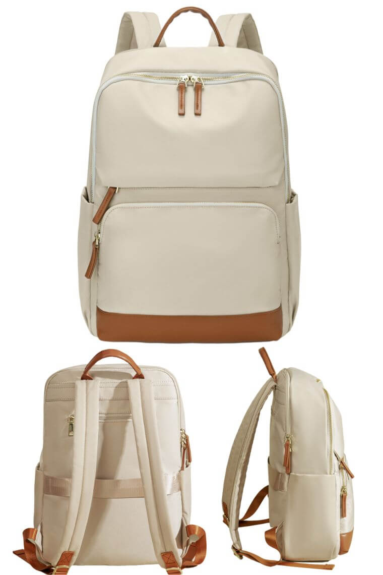 women trendy 15 inch laptop work backapck with trolley sleeve and many pockets in waterproof lightweight beige oxford fabric