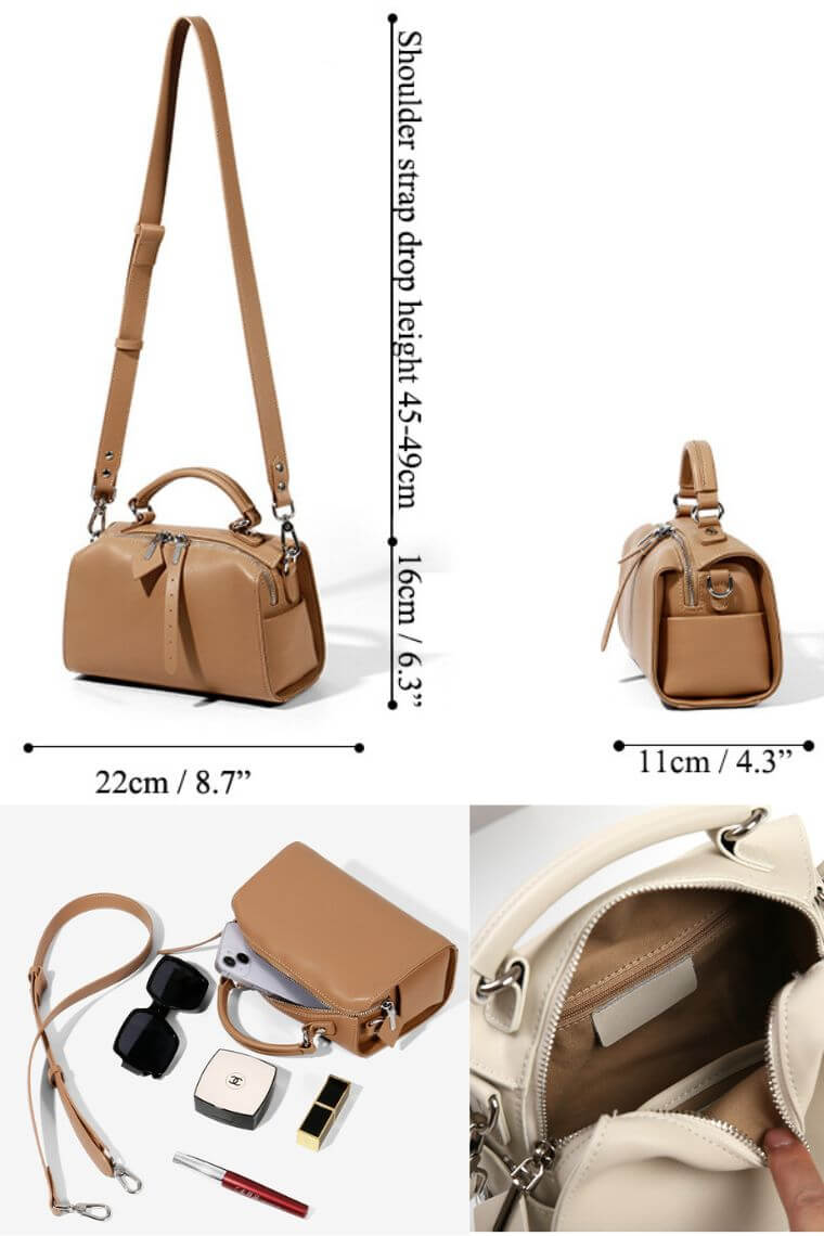 women real leather small boston bag with top carry handle and cross body strap zipper closure