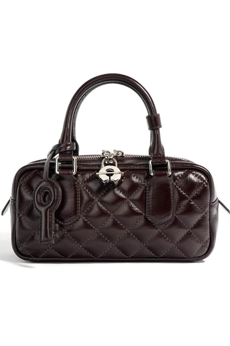 women small tote bag with crossbody strap in dark brown quilted leather with lock closure and key shape pendant in square shape for everyday use