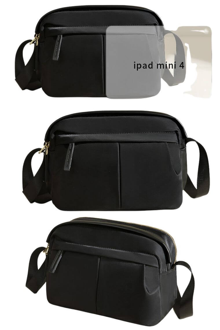 women small crossbody sling bag in waterproof black nylon with multi pocket for travel or everyday use big enough to hold iPad Mini