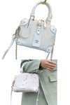women cute small white sheep leather crossbody tote bag in square shape with convertible chain strap and pendant