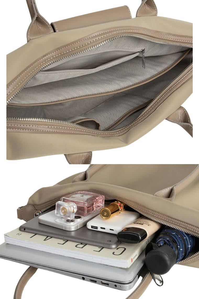 women designer tote bag in water resistant fabric with vegan leather handles and crossbody strap for 15 inch laptop | Stylish shoulder bag with manget flap for work travel or grocery shopping