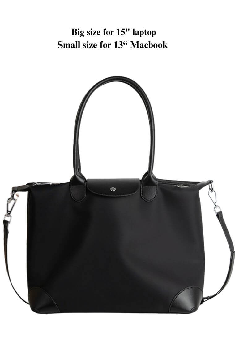 women designer tote bag in water resistant black fabric with vegan leather handles and crossbody strap for 15 inch laptop or 13 inch Macbook | Stylish shoulder bag with manget flap for work travel or grocery shopping