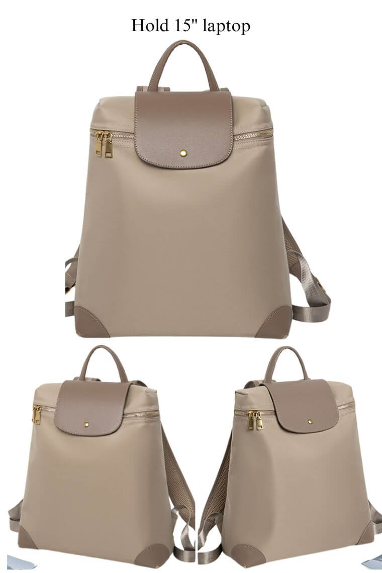 women designer 15 inch laptop backpack in waterproof khaki nylon with flap and trolley sleeve for commute or travel