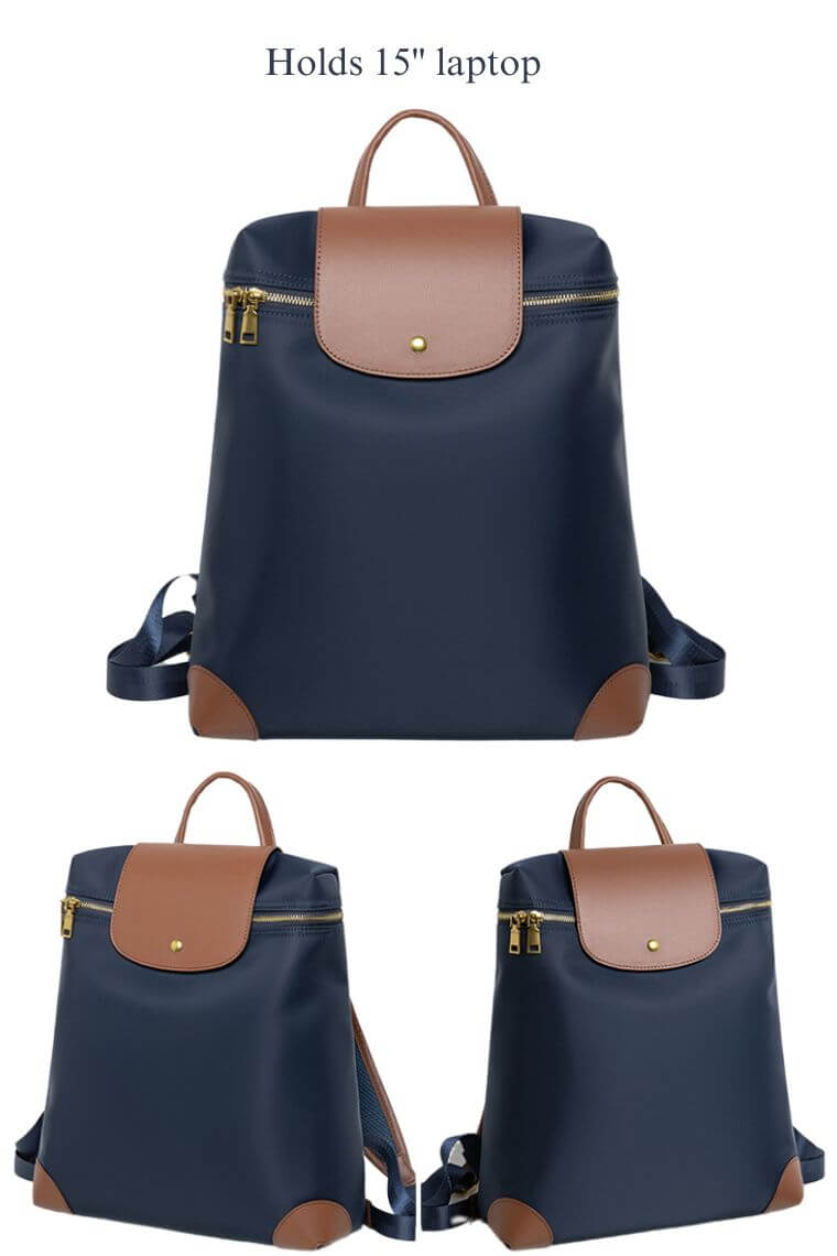 women designer 15 inch laptop backpack in waterproof navy nylon with flap and trolley sleeve for commute or travel
