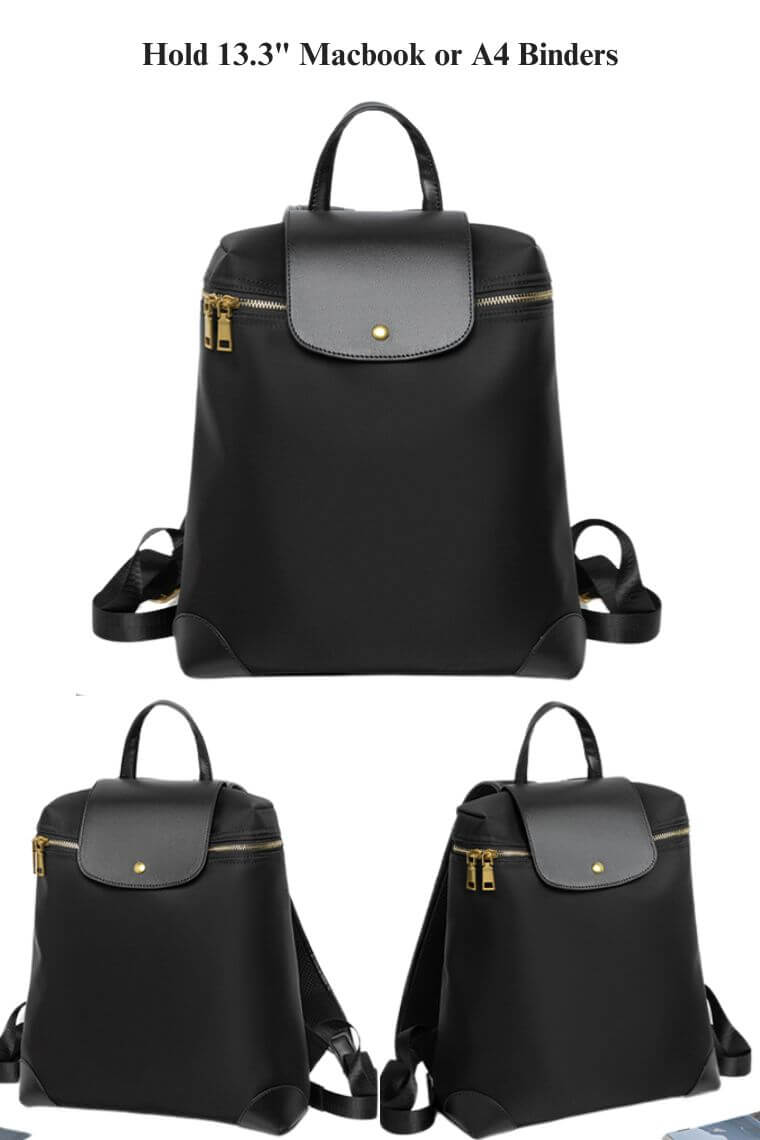 women designer 13 inch Macbook backpack purse in waterproof black nylon with flap and trolley sleeve for commute or travel