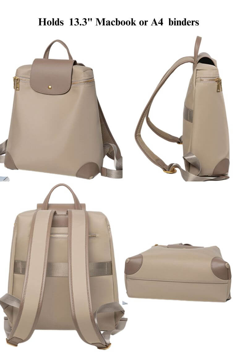 women designer 13 inch Macbook backpack purse in waterproof khaki nylon with flap and trolley sleeve for commute or travel