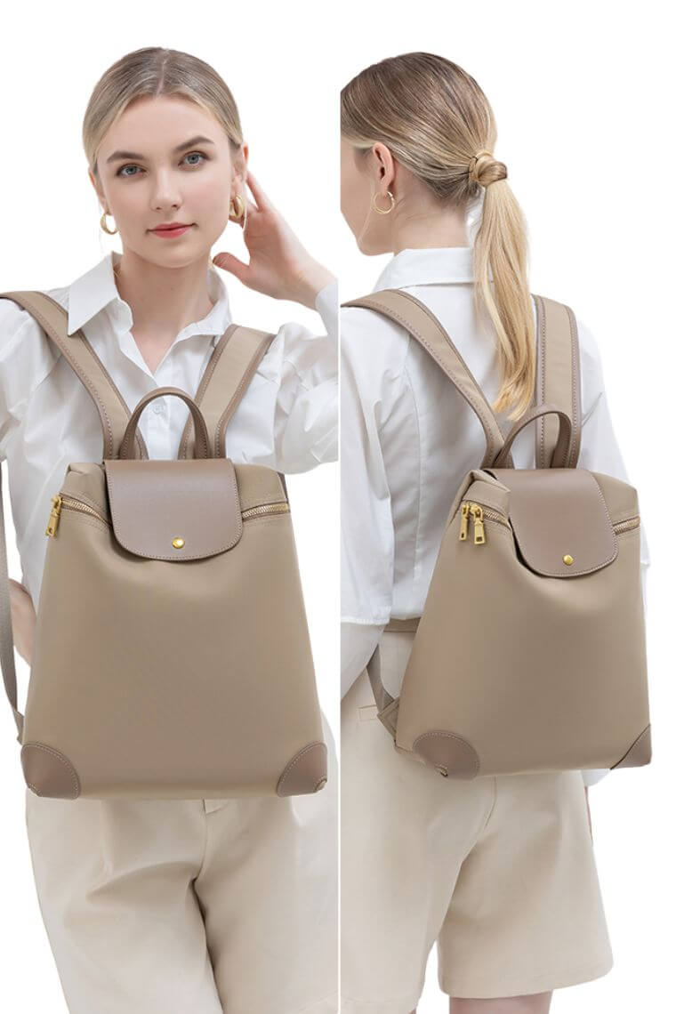 women designer laptop backpack purse in waterproof nylon with flap and trolley sleeve for commute or travel