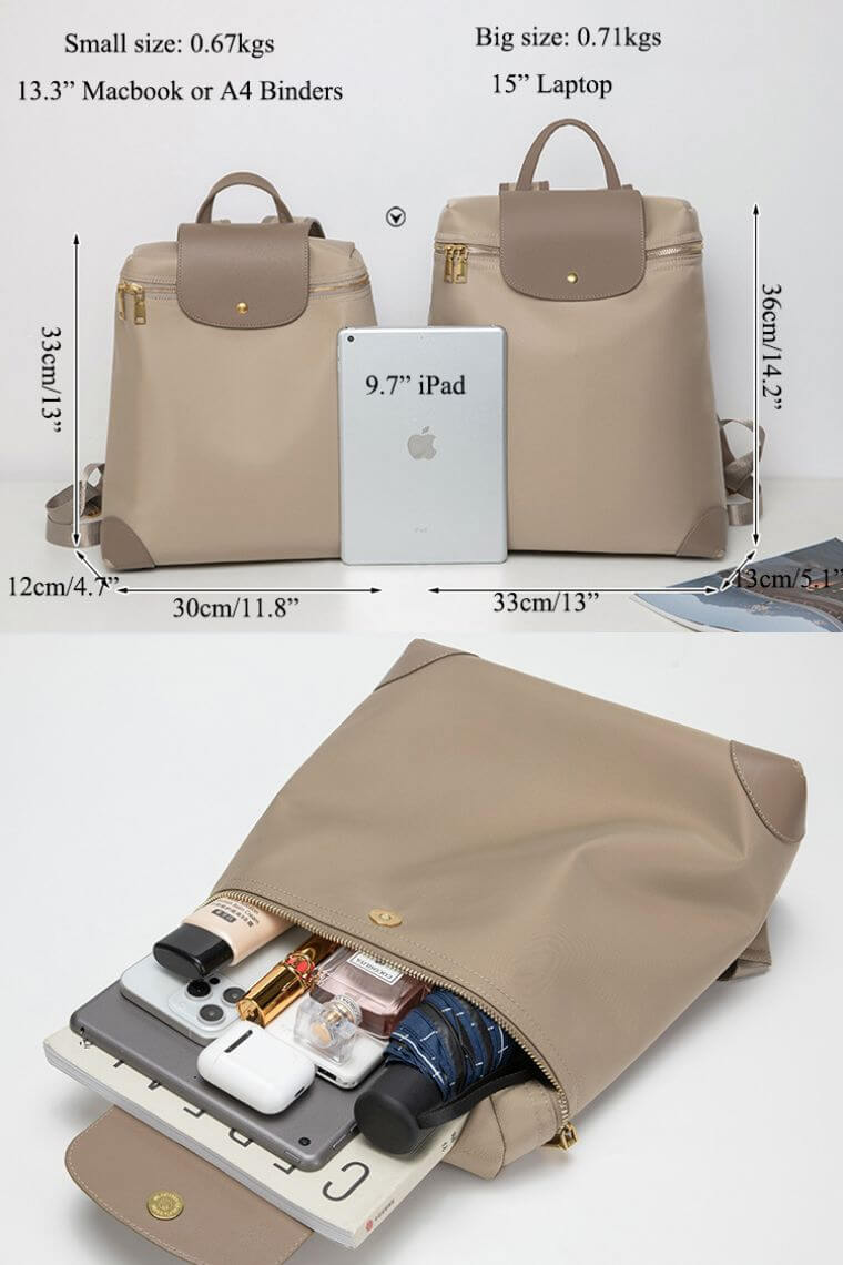 women designer laptop backpack purse in waterproof nylon with flap and trolley sleeve for commute or travel with size