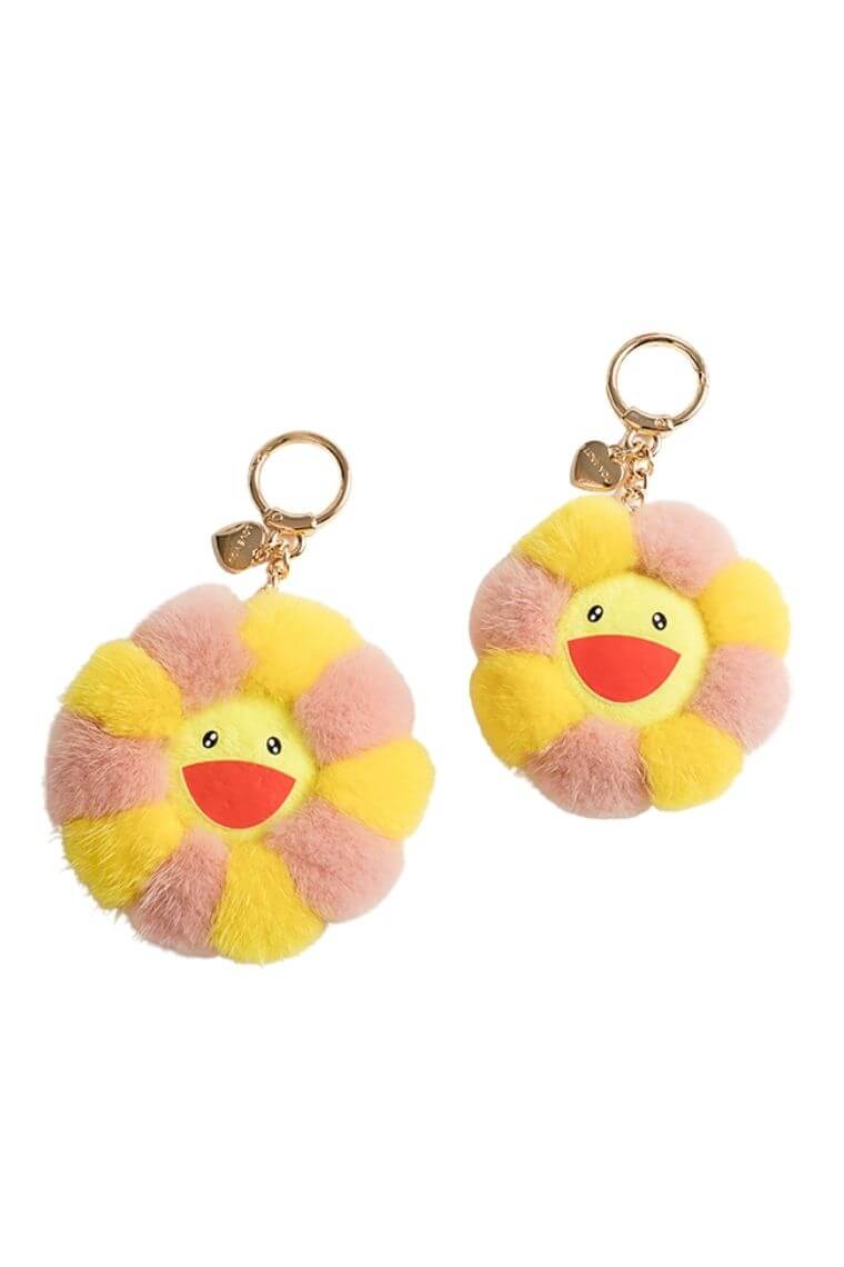 keychain with round pom pon mink fur ball and smile face