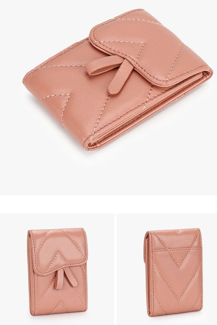 Pink card holder with flap | card holder wallet in quilted leather | business card holder with press stud