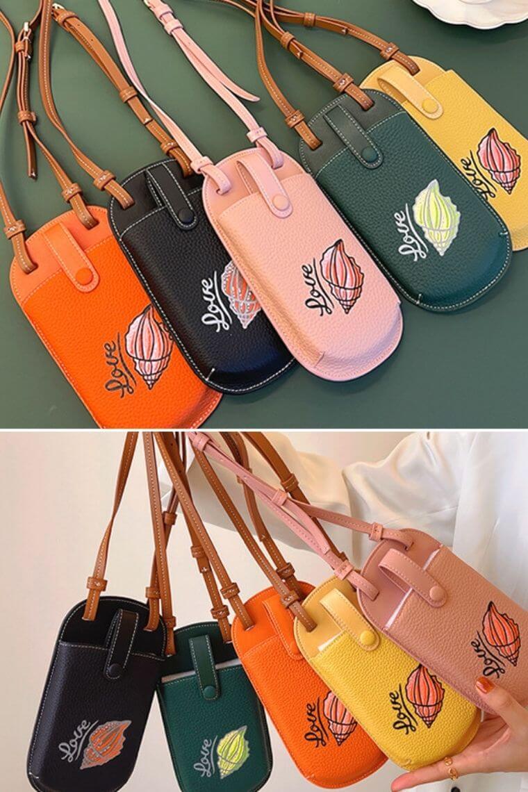 phone bag crossbody in real leather | phone crossbody case for women | phone case card holder with love & snail print