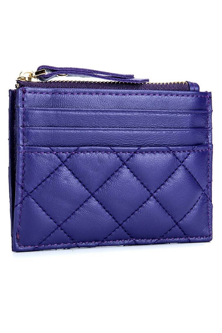 blue quilted sheep leather minimalist card holder