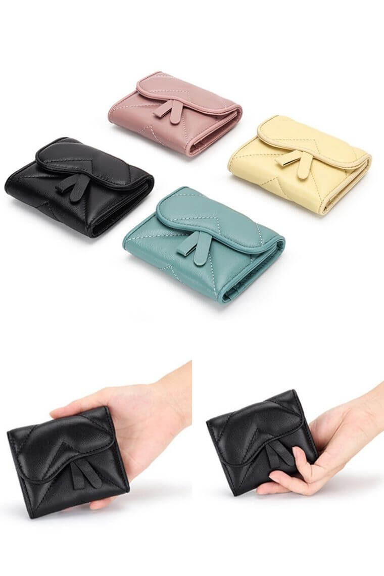 women card holder in quilted leather | card holder wallet with flap | Leather slim wallet with press stud | Leather front pocket wallet