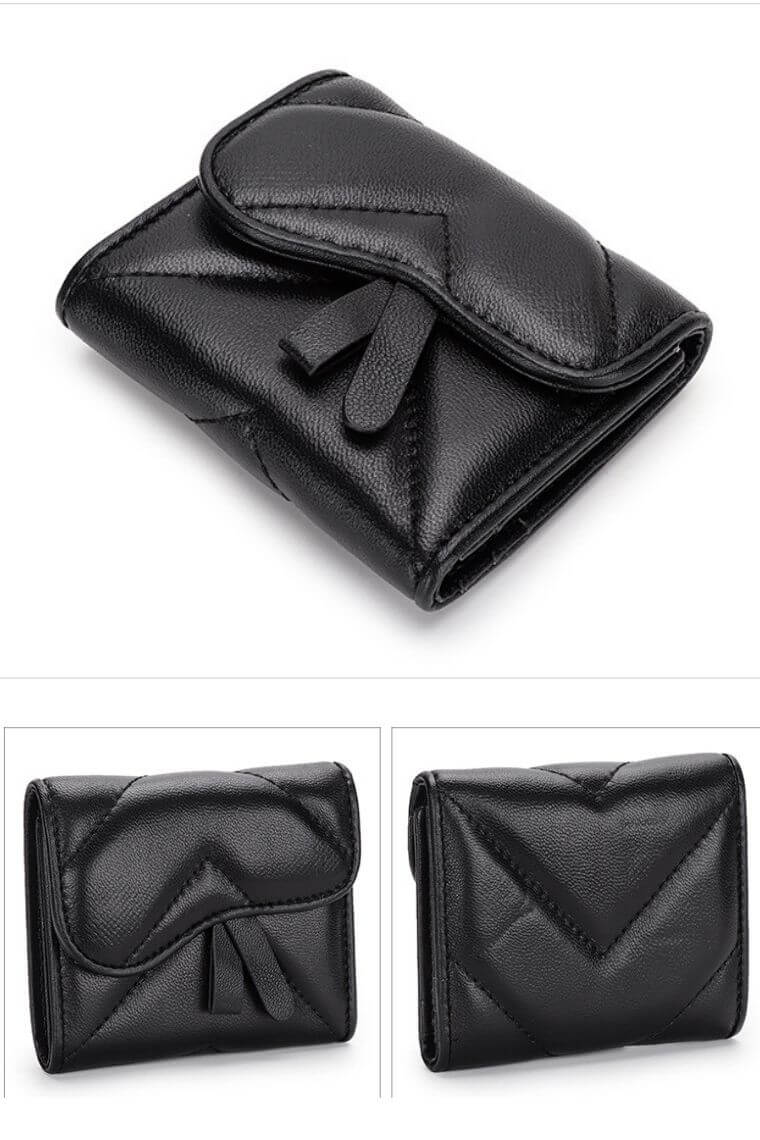 Black women card holder in quilted leather | Card holder wallet with flap | Leather slim wallet with press stud closure | soft leather card case with money clip
