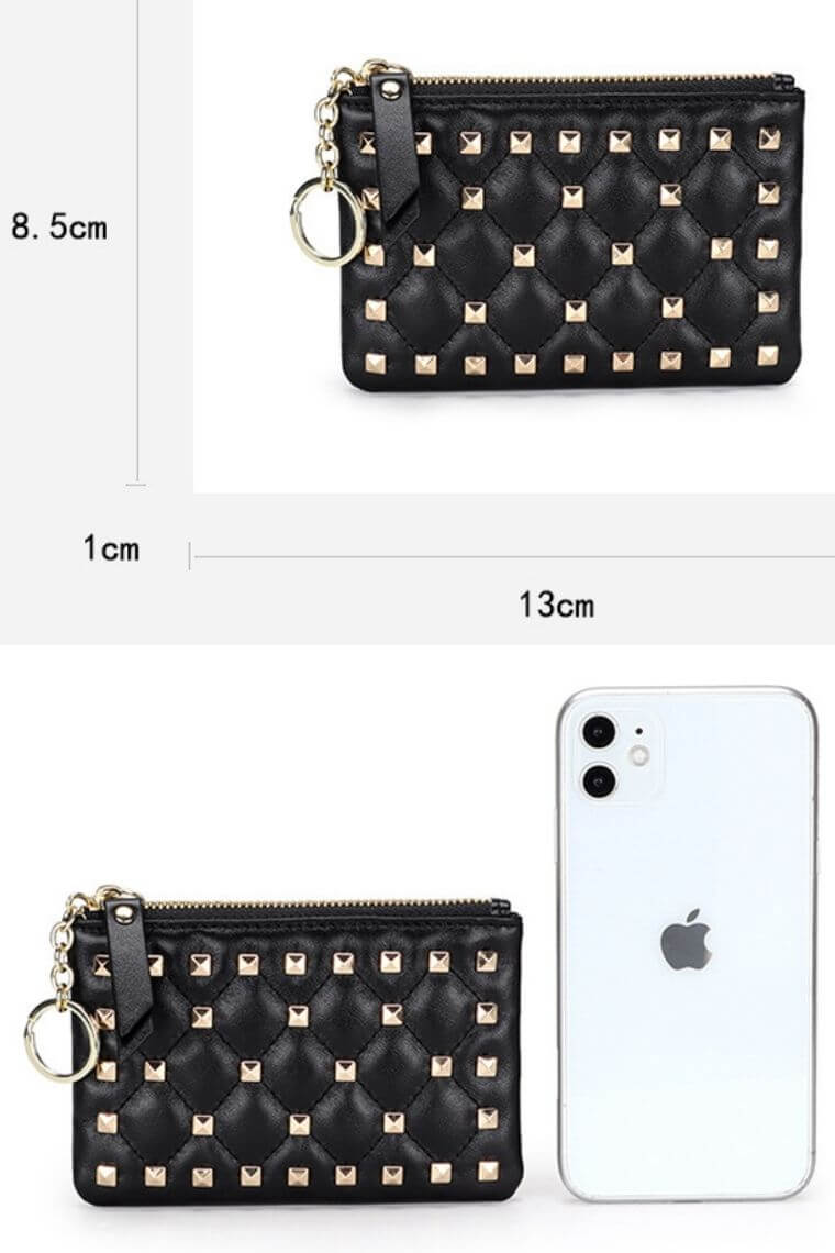Quilted leather card holder wallet with studs