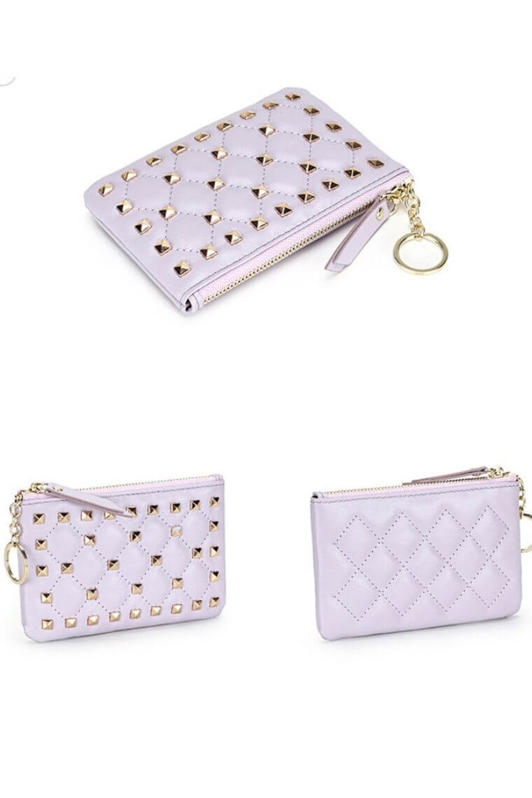 Lilac leather coin holder in quilted & studded pattern