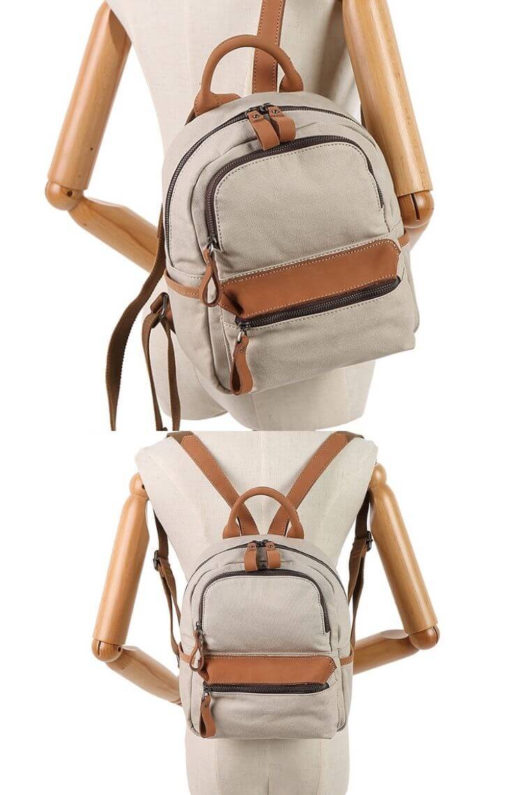 Women travel backpack | waterproof backpack with zip pockets | canvas backpack with leather trim | travel pack in waterproof canvas | women carry on backpack | ladies multi pockets backpack