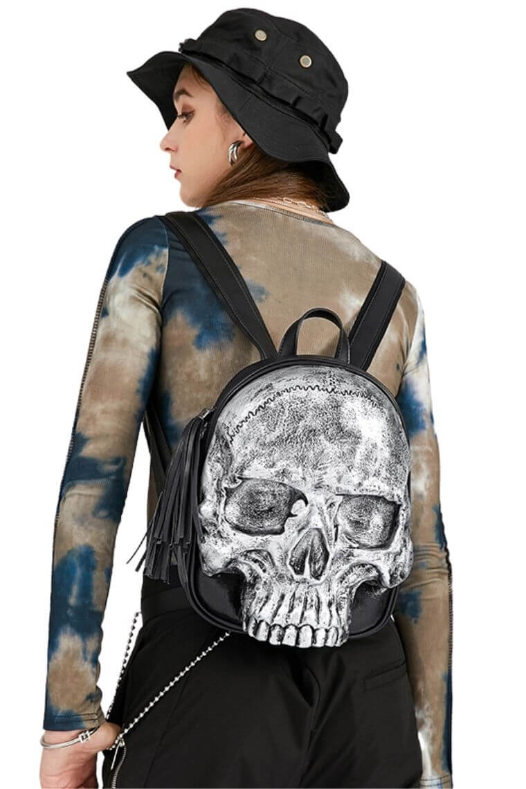 Women cool backpack with 3D embossed skull head | punk backpack with skull | gothic backpack with embossed skeleton head | personalized backpack with skull head | small backpack with skull head | mini backapck in waterproof vegan leather with skull head