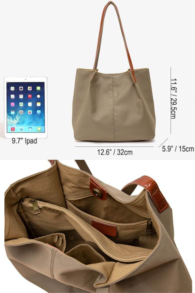 best women tote bag in waterproof nylon | fashion tote bag for work } summer beach tote bag for vacation | travel laptop tote bag | everyday shopping tote bag with leather trim