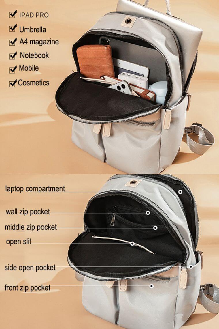 women 13" laptop backpack in waterproof oxford fabric | travel backpack with 8 pockets | fashion daypack with multi-pockets | convertible backpack pusre with leather trim