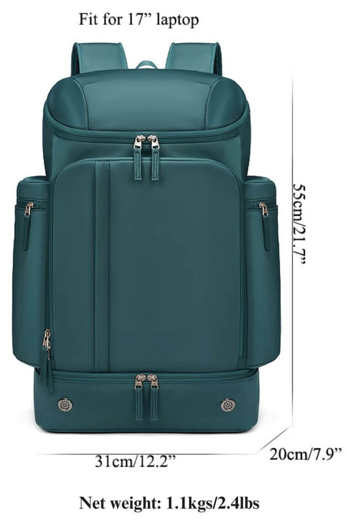 Women best travel backpack for 17 inch laptop with shoe compartment & trolley sleeve in dark green waterproof oxford fabric