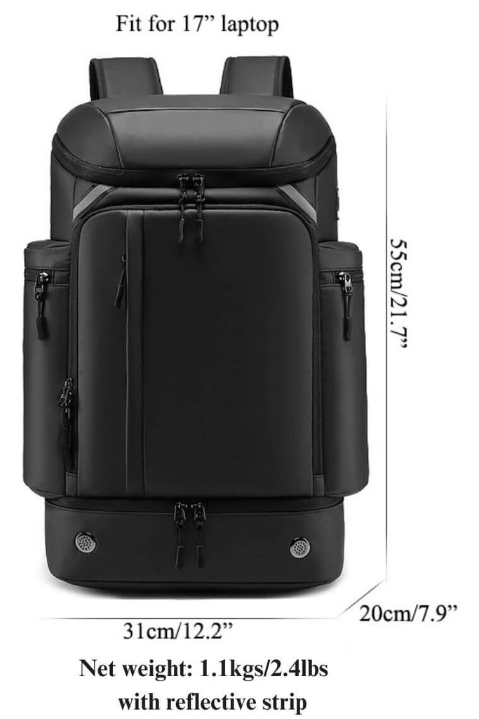 Best unisex travel backpack for 17 inch laptop with shoe compartment & trolley sleeve in black waterproof oxford fabric with reflective strip