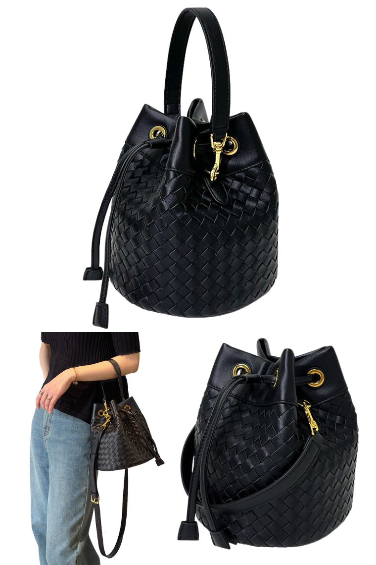 women black woven leather small bucket bag purse with drawstring closure and detachable top handle & crossbody strap