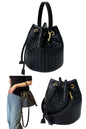 women black woven leather small bucket bag purse with drawstring closure and detachable top handle & crossbody strap