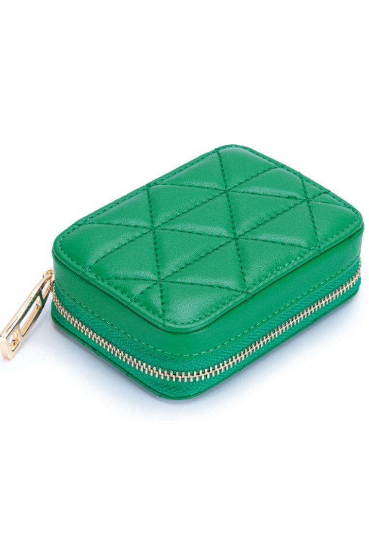 Green lipstick case w-mirror | Small makeup bag in quilted leather | Small cosmetic bags in leather | leather travel jewelry case | leather coin pouch | leather jewelry case | mini makeup bag w-mirror | lipstick pouch with zippers | leather change holder