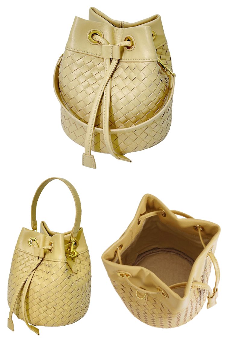 women light yellow woven leather small bucket bag purse with drawstring closure and detachable top handle & crossbody strap