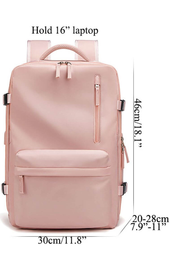 Pink backpack in waterproof nylon for 16 inch laptop with shoe compartment trolley sleeve and dry wet separation for travel or hiking or sports
