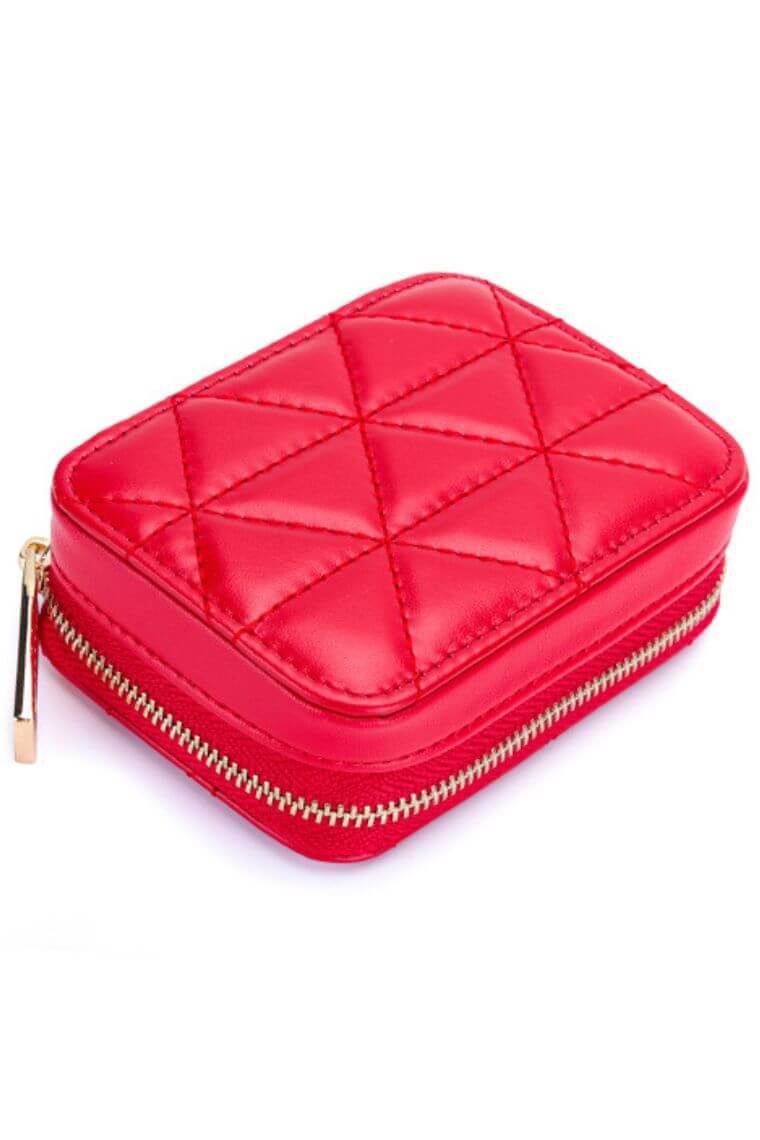 Red lipstick case w-mirror | Small makeup bag in quilted leather | Small cosmetic bags in leather | leather travel jewelry case | leather coin pouch | leather jewelry case | mini makeup bag w-mirror | lipstick pouch with zippers | leather change holder