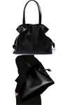 Women designer tote bag with drawstring in black soft leather to hold 13 inch laptop for work or travel