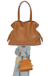 Women designer tote bag with drawstring in soft brown leather to hold 13 inch laptop for work or travel